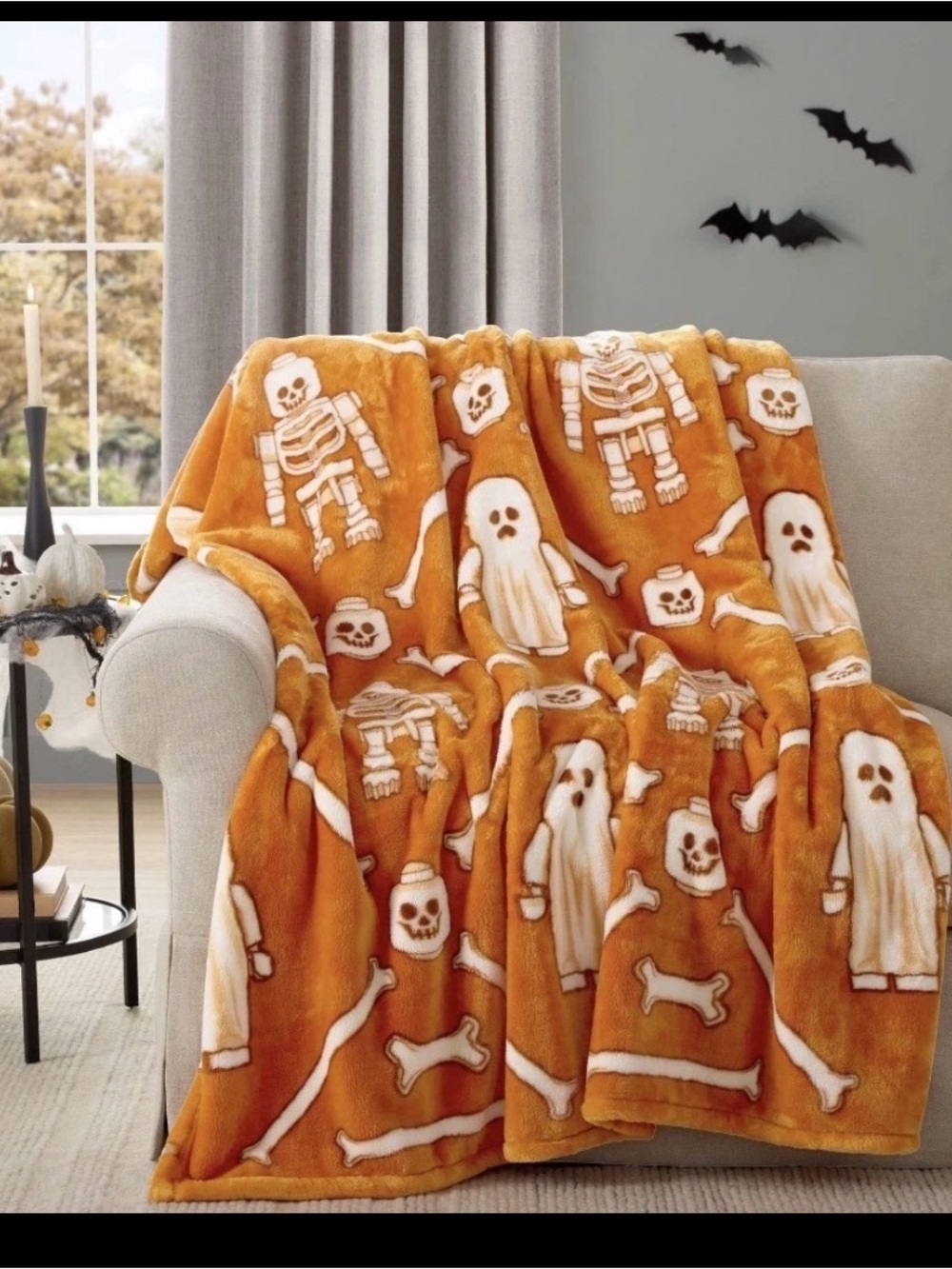 Lego SKELETON & GHOST 60 x 70 PLUSH THROW BLANKET Halloween ORANGE Polyester New
